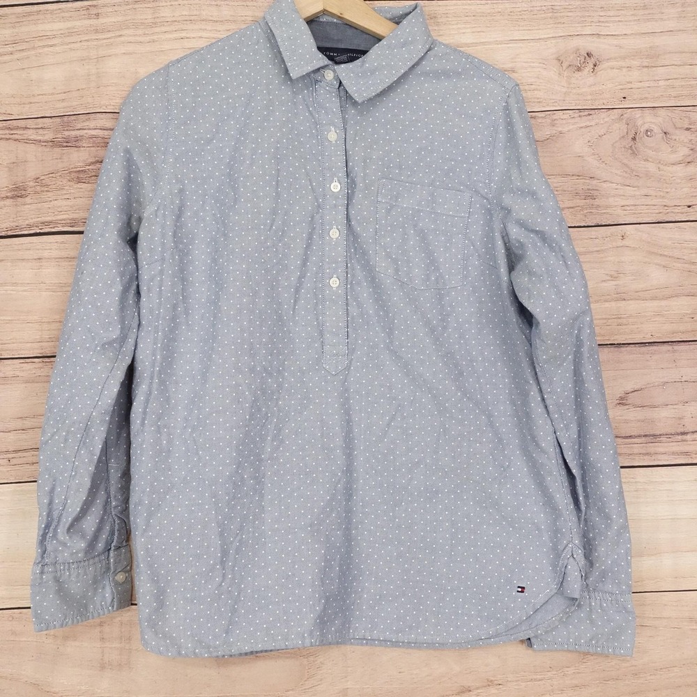 Tommy Hilfiger Button-Up Womens M Blue Polka Dot Collared Long Sleeve Shirt